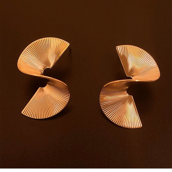 Gold and silver metal spiral fan-shaped earrings - Picture 3 of 12